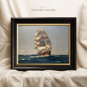 May include: A framed painting of a large sailing ship with white sails, navigating through choppy blue waters. The painting is titled "ZEUS" and is from the "NISH ART GALLERY".