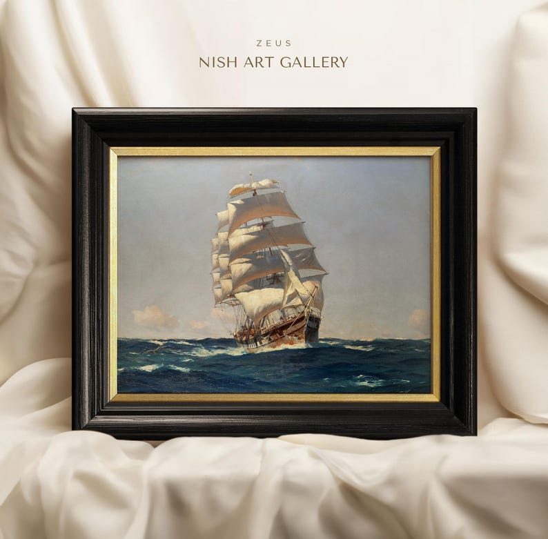 May include: A framed painting of a large sailing ship with white sails, navigating through choppy blue waters. The painting is titled "ZEUS" and is from the "NISH ART GALLERY".