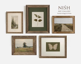 Set of 5 Framed Vintage Botanical Prints, Green Neutral Gallery Wall Decor