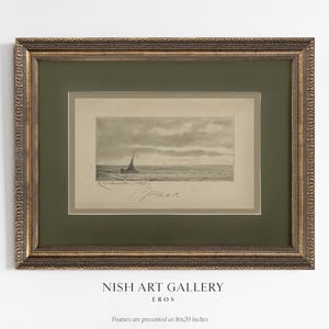 Puede incluir: Una impresi&oacute;n en blanco y negro enmarcada de un velero en el agua. El marco es dorado con un passe-partout verde. La impresi&oacute;n est&aacute; titulada "EROS" y es de la "NISH ART GALLERY". Los marcos se presentan en 16x20 pulgadas.