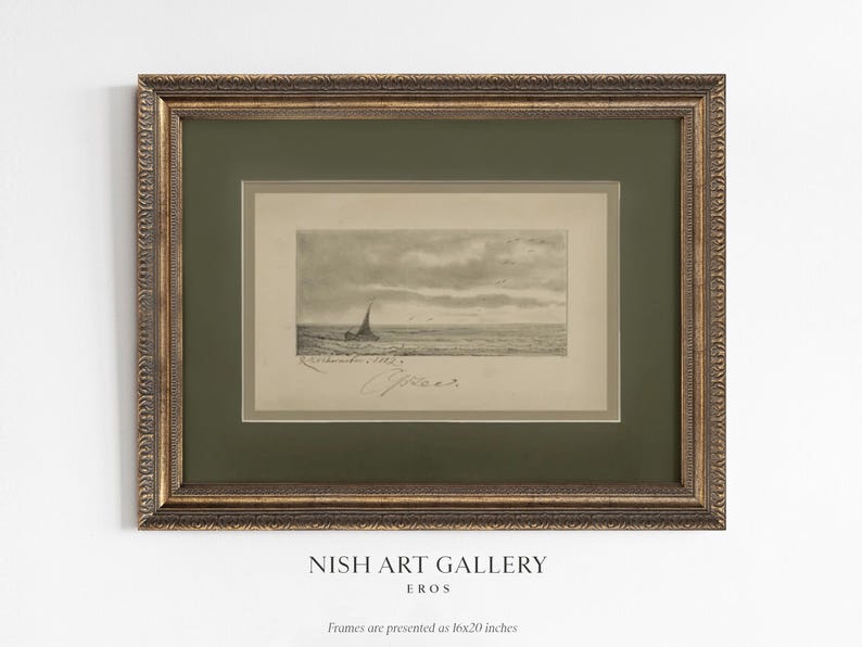 Puede incluir: Una impresi&oacute;n en blanco y negro enmarcada de un velero en el agua. El marco es dorado con un passe-partout verde. La impresi&oacute;n est&aacute; titulada "EROS" y es de la "NISH ART GALLERY". Los marcos se presentan en 16x20 pulgadas.