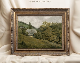Könnte beinhalten: Gerahmtes Landschaftsgemälde mit einem goldenen, verzierten Rahmen. Das Kunstwerk zeigt ein Haus auf einem grünen Hügel, umgeben von Bäumen. Der Himmel ist bewölkt. Der Text "EROS NISH ART GALLERY" steht oben.