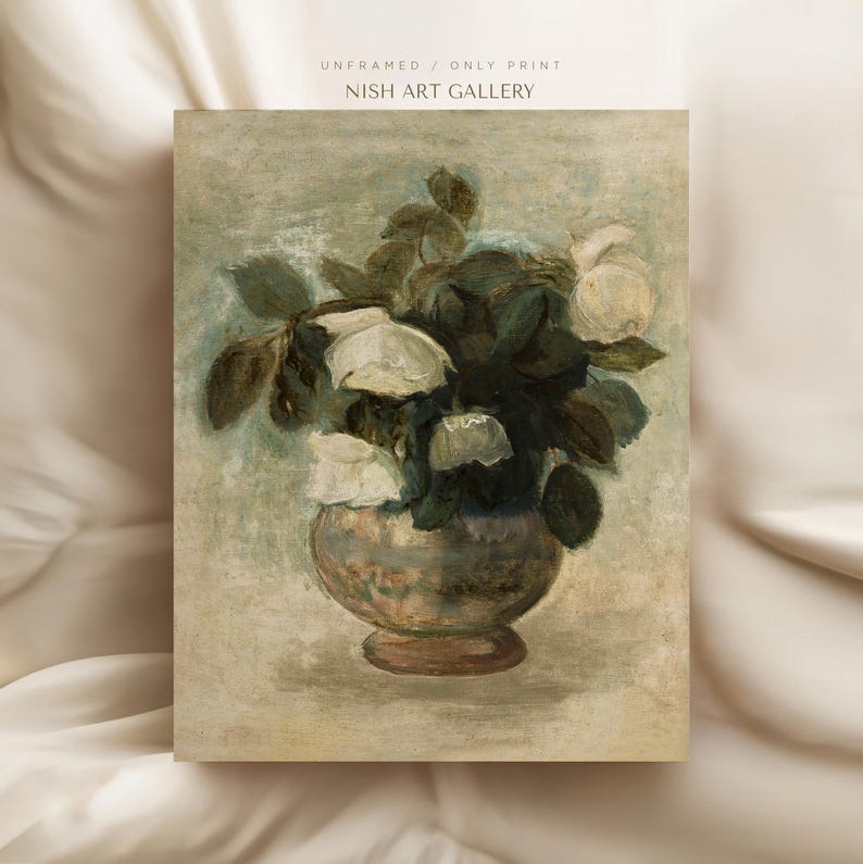 May include: A painting of a bouquet of white flowers in a brown vase. The flowers are arranged in a loose, natural style, and the vase is decorated with a simple pattern. The background is a soft, muted color.