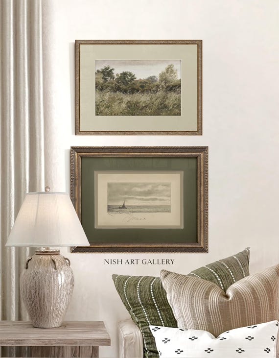 Framed Landscape Art Print Set: Beige & Green Tones, Modern Traditional Wall Decor #603