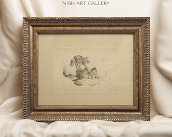 Vintage kunst ingelijst, minimalistische kunst, minimale landschapsschets, vintage lijntekening, schetskunst, sierlijke goudlijst, housewarmingcadeau #18