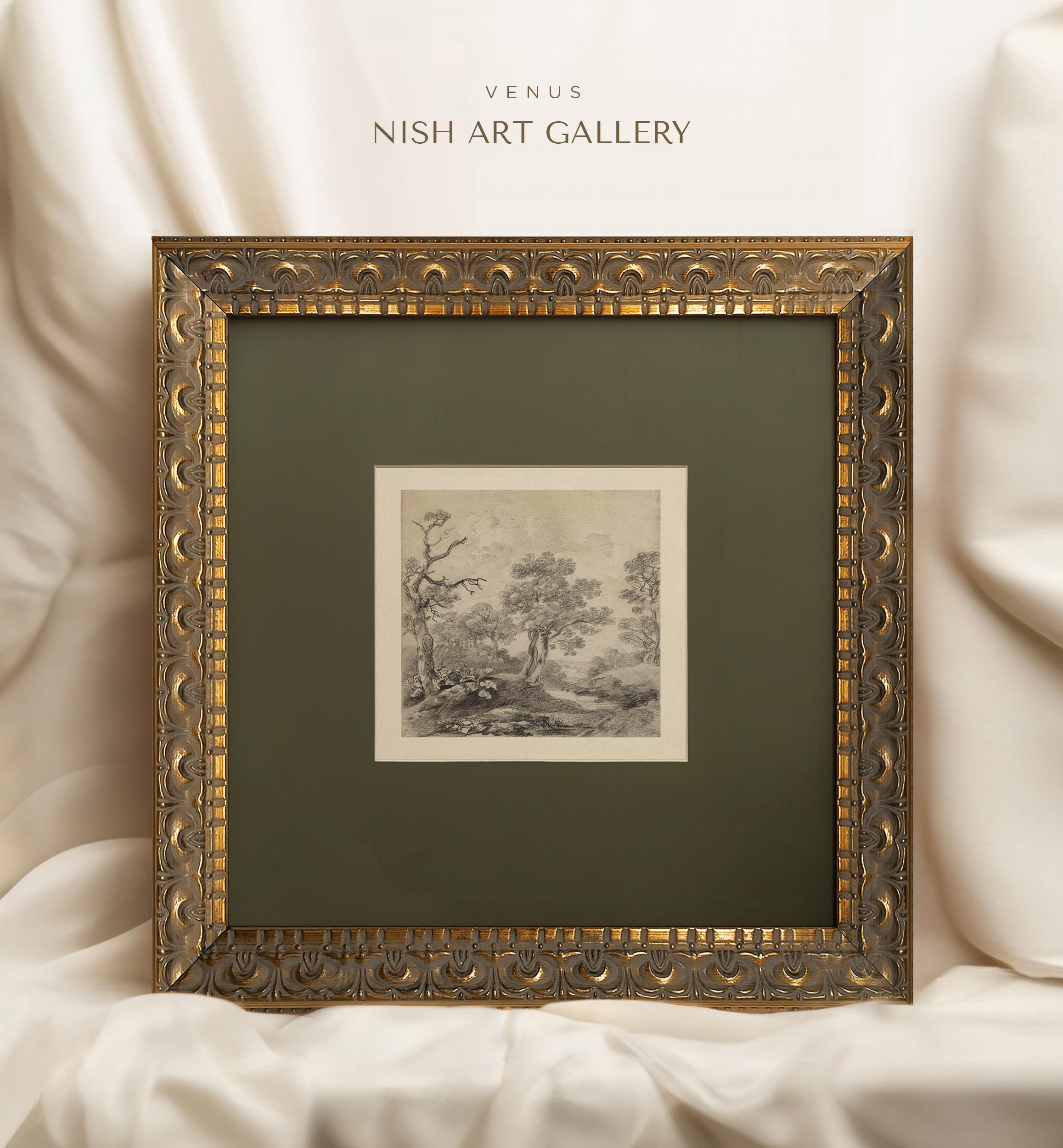 Vintage Framed Tree Print: Forest Landscape Drawing, Gold Frame