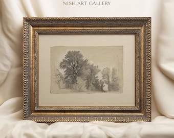 Framed Forest Sketch Print: Neutral Antique Wall Art #76