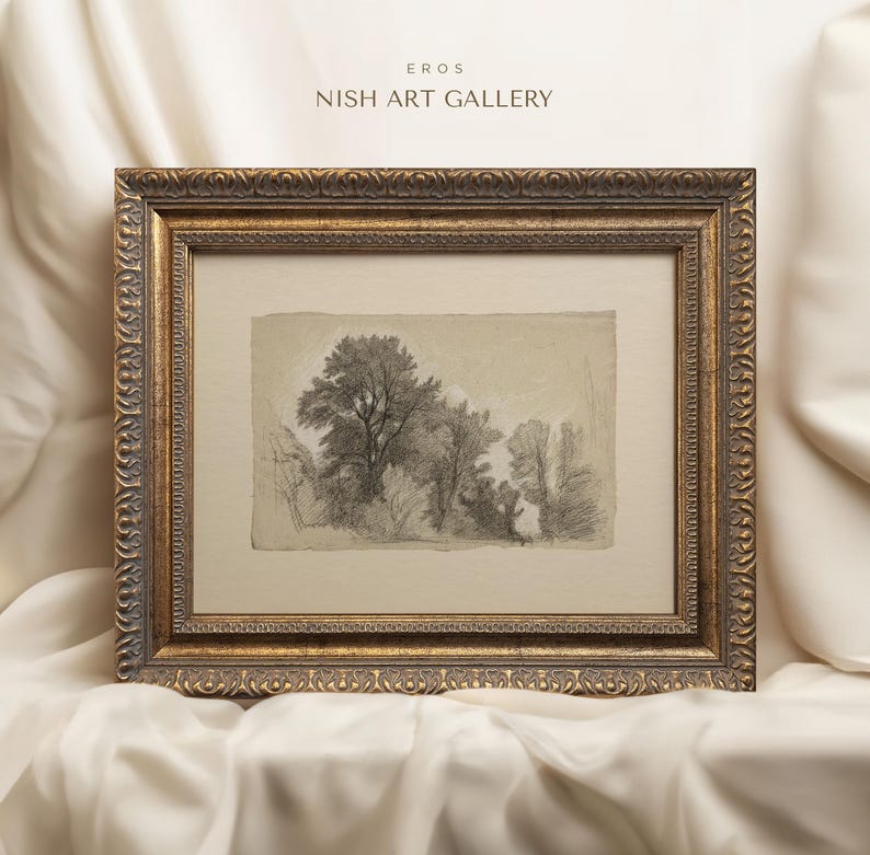 May include: A framed black and white pencil drawing of a forest scene. The drawing is in a gold-colored frame with ornate detailing. The title "EROS NISH ART GALLERY" is printed at the top of the frame.