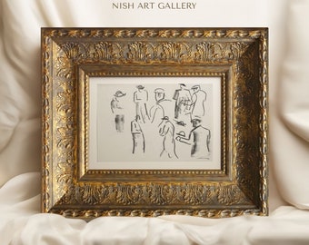 【額装品】古書・アンティーク印刷物 額入りヴィンテージアートプリント、人物スケッチヴィンテージ画