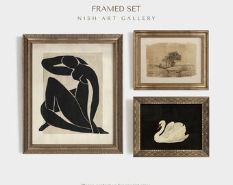 Galerijmuurset, INGELIJSTE printset van 3, beige en zwarte tinten, modern wanddecor, gouden frameset, woonkamerdecor, housewarmingcadeau