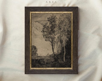 Dark Moody Vintage Framed Art Prints, Tree Sketch Art, Forest Wall Art Frame, Antique Botanical Drawing, Rustic Wall Decor #62