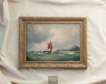 Vintage Framed Prints, Seascape Art, Muted Sailboat Painting, Antique Replica Ocean Oil Painting, Scenery Wall Art, Ornate Gold Framed #32