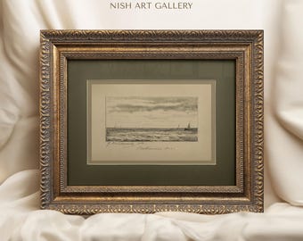 Vintage Sailboat Sketch: Gold Frame, Sage Green Mat, Seascape Art Print #50