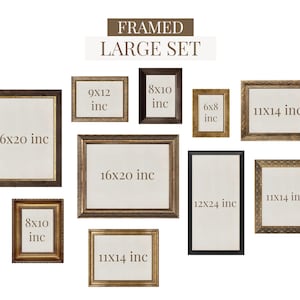 May include: A collection of framed art prints in various sizes, including 16x20 inches, 11x14 inches, 8x10 inches, 12x24 inches, 9x12 inches, and 6x8 inches. The frames have brown and gold tones.
