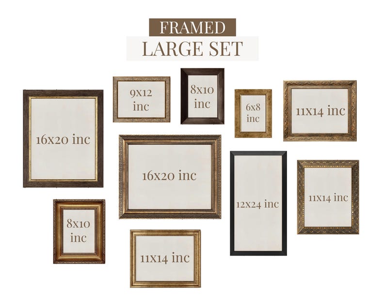 May include: A collection of framed art prints in various sizes, including 16x20 inches, 11x14 inches, 8x10 inches, 12x24 inches, 9x12 inches, and 6x8 inches. The frames have brown and gold tones.