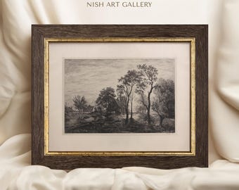 Framed Vintage Countryside Sketch: Antique Landscape Etching, Ornate Gold Frame