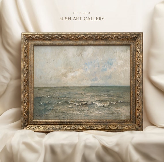 Vintage Muted Seascape Painting - Ornate Gold Frame, Farmhouse