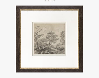 Vintage Art Framed Matted , Tree Wall Art Print, Forest Landscape Drawing, Tree Sketch Art, Square Gold Frame, Transitional Home Decor #9