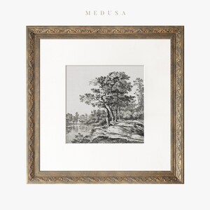 May include: A black and white print of a landscape scene with trees and a river. The print is framed in a gold ornate frame.