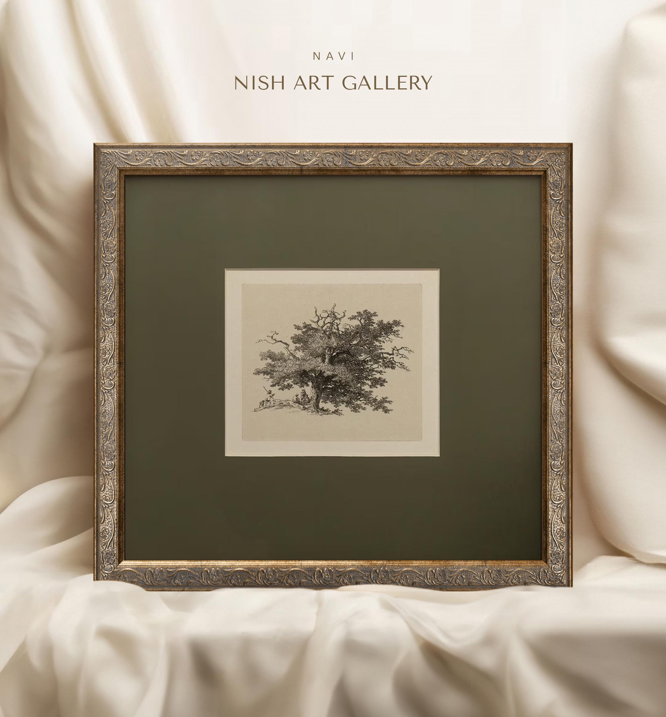 Vintage Tree Sketch Art Print: Forest Landscape in Square Gold