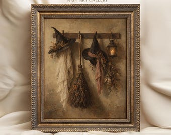Halloween Witch Hat Framed Print, Vintage Broom and Lantern Wall Art, Rustic Gothic Fall Cottage Decor