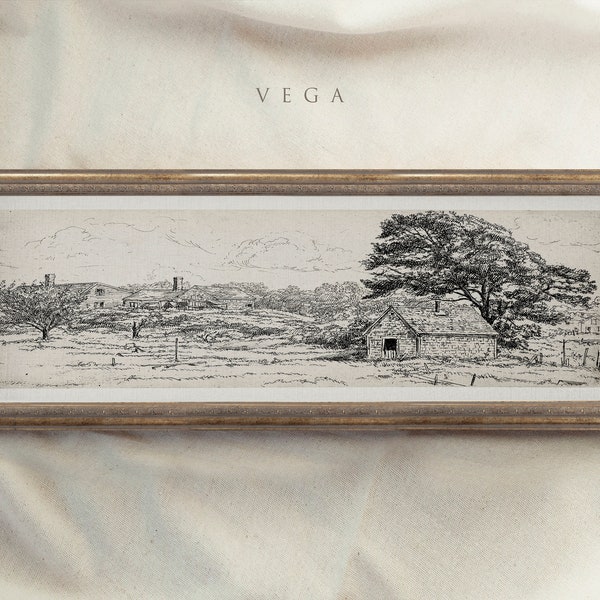 Panoramic Vintage Framed Wall Art, 10x30 inch, 8x24 inch, 12x36 inch, Wide Landscape Sketch, Antique Framed Print, Housewarming Gift #27