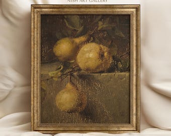 ヴィンテージの洋ナシの絵画（金色の額縁入り）：素朴なキッチンアート