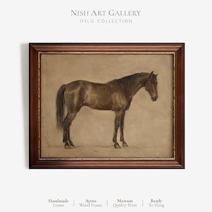 May include: A framed wall art print featuring a brown horse in profile against a neutral beige background. The artwork is enclosed in a dark brown wooden frame with gold inner detailing. Text at the top reads NISH ART GALLERY OSLO COLLECTION.