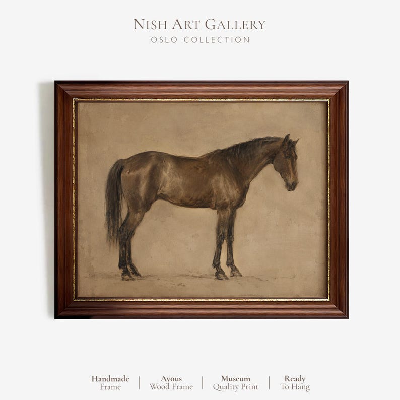 May include: A framed wall art print featuring a brown horse in profile against a neutral beige background. The artwork is enclosed in a dark brown wooden frame with gold inner detailing. Text at the top reads NISH ART GALLERY OSLO COLLECTION.