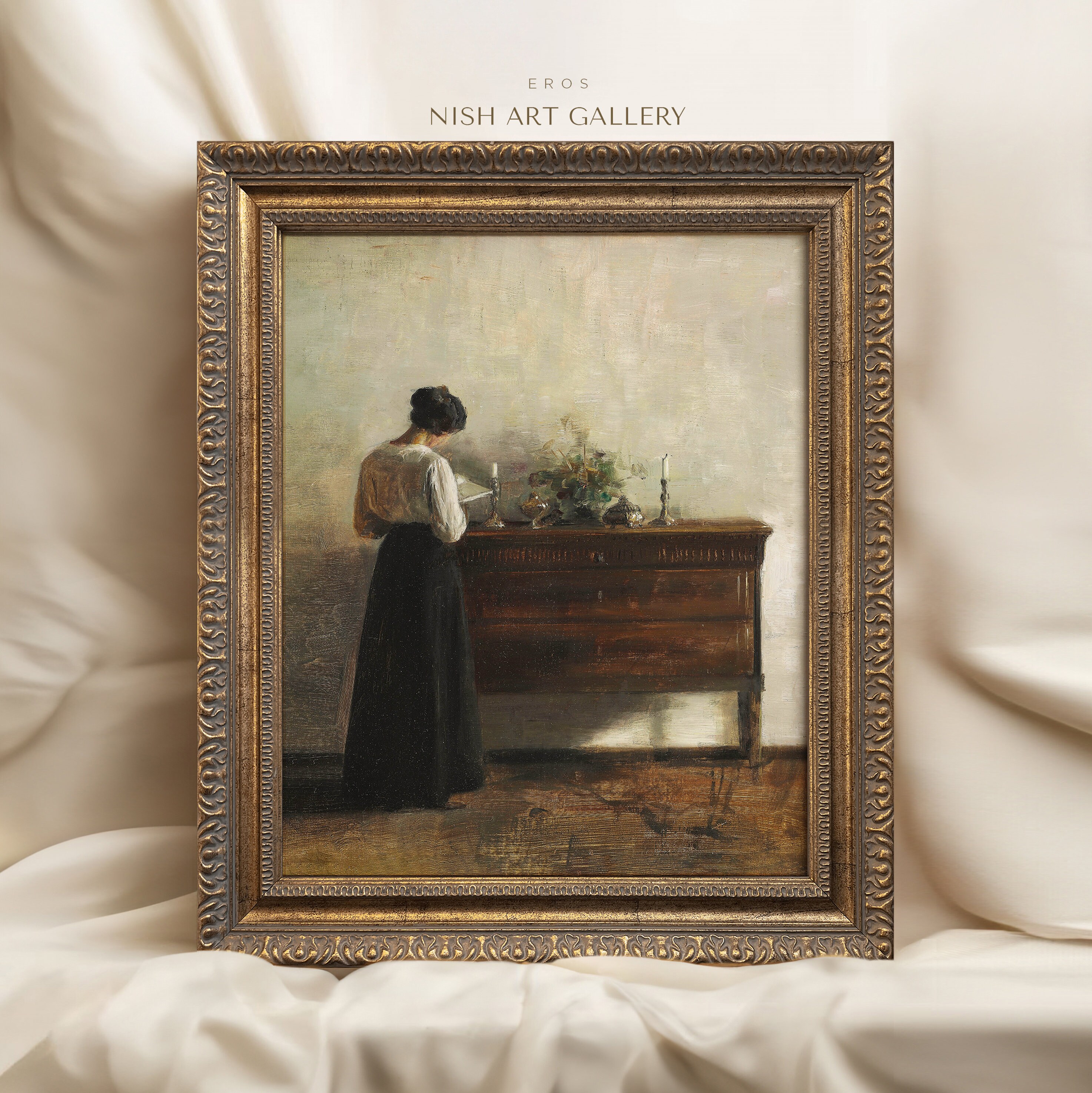 フォトフレーム Antique Painting Portrait Framed Woman Portrait Print: Vintage Farmhouse Decor, Ornate Gold