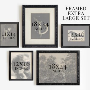 Pu&ograve; includere: Set di quattro stampe incorniciate nere con passepartout bianchi. Le stampe presentano varie immagini e testo, tra cui "11x14 pollici", "12x16 pollici" e "18x24 pollici". Il testo "FRAMED EXTRA LARGE SET" &egrave; visualizzato nella parte superiore dell'immagine.