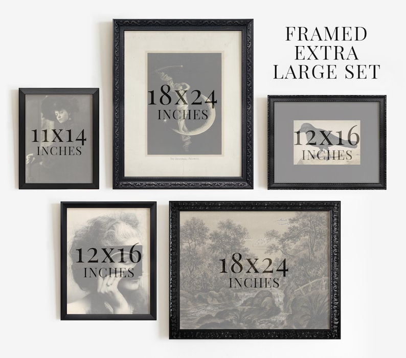 Pu&ograve; includere: Set di quattro stampe incorniciate nere con passepartout bianchi. Le stampe presentano varie immagini e testo, tra cui "11x14 pollici", "12x16 pollici" e "18x24 pollici". Il testo "FRAMED EXTRA LARGE SET" &egrave; visualizzato nella parte superiore dell'immagine.