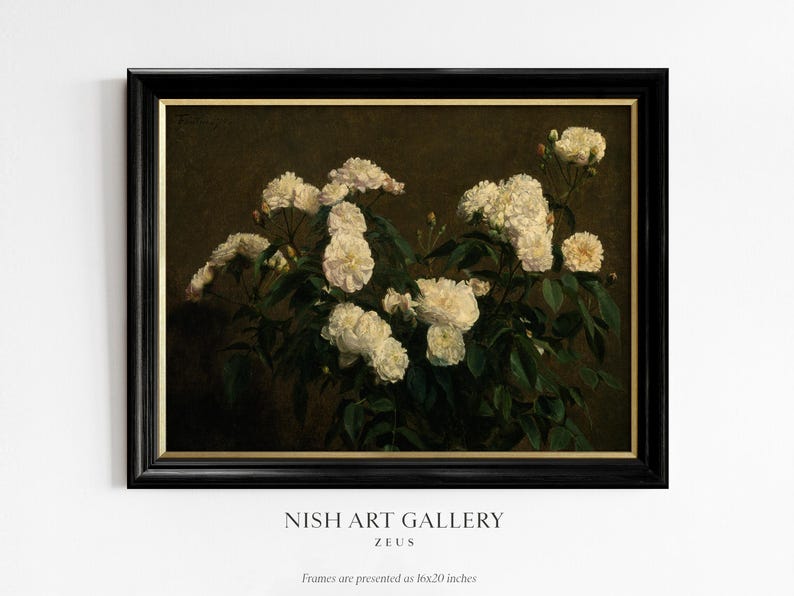 Framed Art Print, White Roses Wall Art, Framed Floral Wall Decor, Dark