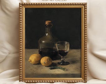 Wine and Lemon Still Life Framed Print, Vintage Kitchen Wall Art, Rustic Dining Room Cottage Decor