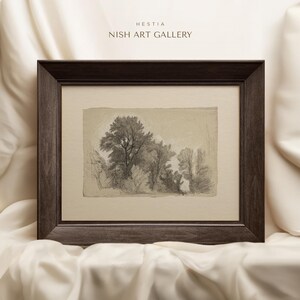 May include: A framed black and white pencil drawing of a group of trees in a forest. The drawing is on a light beige background and is framed in a dark brown wood frame.