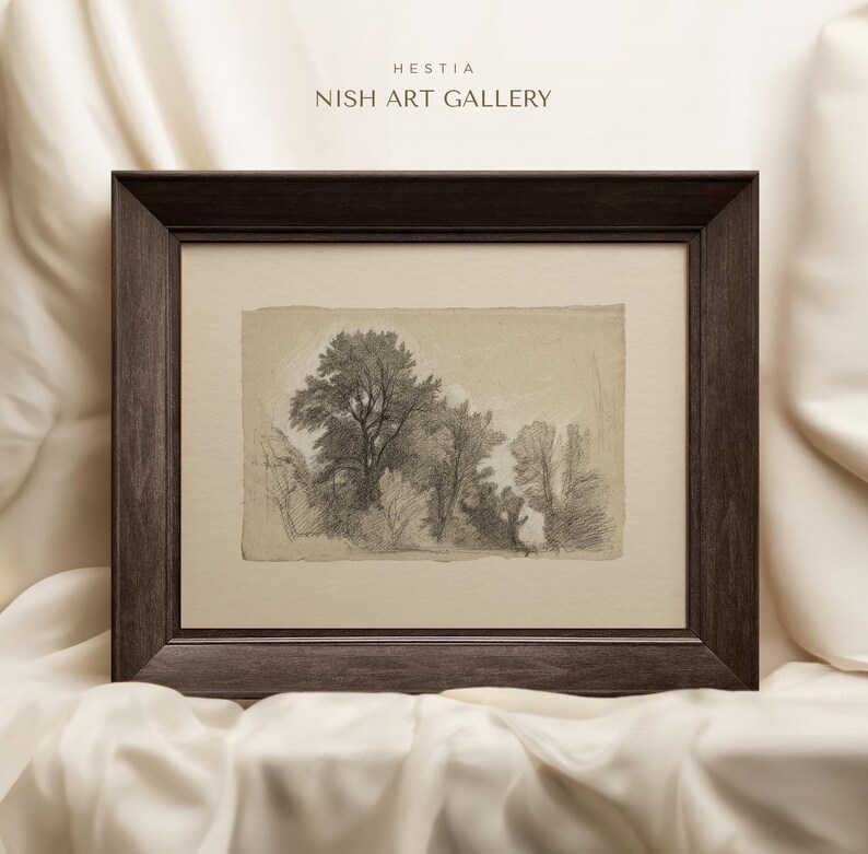 May include: A framed black and white pencil drawing of a group of trees in a forest. The drawing is on a light beige background and is framed in a dark brown wood frame.