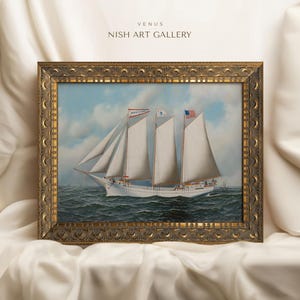 Vintage Sailing Ship Art Print FRAMED – Nautical Wall Decor – Ocean Maritime Painting for Coastal Home – Sailboat Wall Art #536