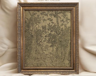 May include: A framed black and white line drawing of a forest scene. The drawing is on a textured canvas and is framed in a gold ornate frame. The text "EROS NISH ART GALLERY" is at the top of the image.