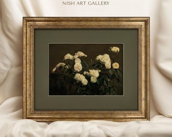 May include: A framed painting of white flowers in a dark green frame with a gold trim. The painting is titled "Lucy Nish Art Gallery".
