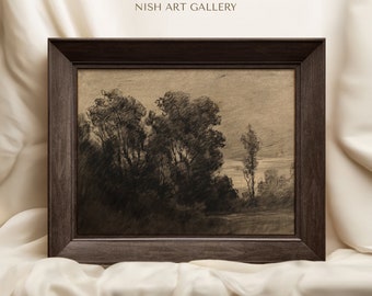Framed Tree Drawing Print: Moody Rustic Charcoal Sketch Art #10