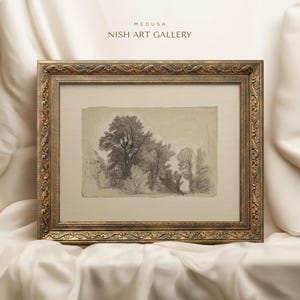 May include: A framed black and white pencil drawing of a forest scene. The drawing is in a gold ornate frame. The frame has a decorative design with a floral pattern. The text "MEDUSA NISH ART GALLERY" is at the top of the image.