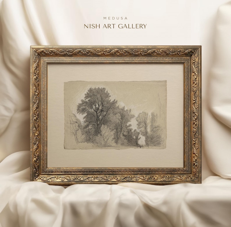 May include: A framed black and white pencil drawing of a forest scene. The drawing is in a gold ornate frame. The frame has a decorative design with a floral pattern. The text "MEDUSA NISH ART GALLERY" is at the top of the image.