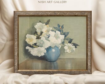 ジュリ・カワイエス、青い花びん、超希少額装用画版、新品額装付 額装されたヴィンテージ花柄プリント：花瓶に入った白い花、複製画