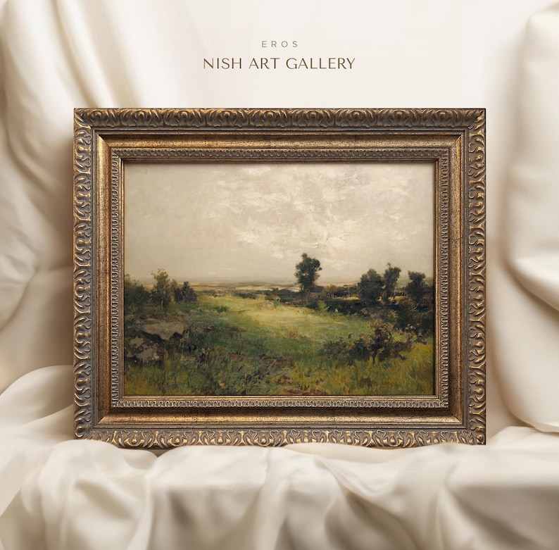 May include: A framed landscape painting depicting a field with trees and a cloudy sky. The painting is in a gold frame with ornate details. The title "EROS NISH ART GALLERY" is visible at the top of the image.