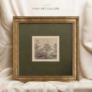Vintage gerahmter Baum Druck: Waldlandschaft Zeichnung, Goldrahmen #188