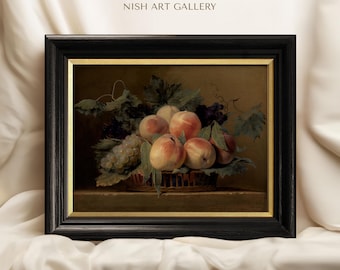 May include: A framed painting of a still life with peaches and grapes. The peaches are arranged in a basket with green leaves and grapes. The painting is set against a brown background.