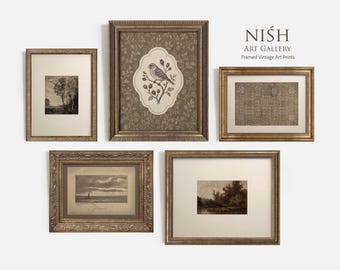 Set of 5 Framed Vintage Art Prints, Neutral Gallery Wall Decor #705