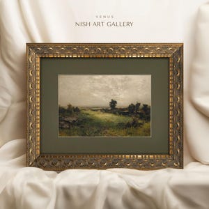 Framed Vintage Meadow Art Print: Green Matted Landscape #33