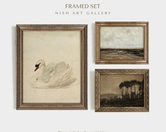 Galerij muur set, ingelijste vintage print set van 3, bruine en zwarte tinten, boerderij muur decor, gouden frame set, woonkamer decor