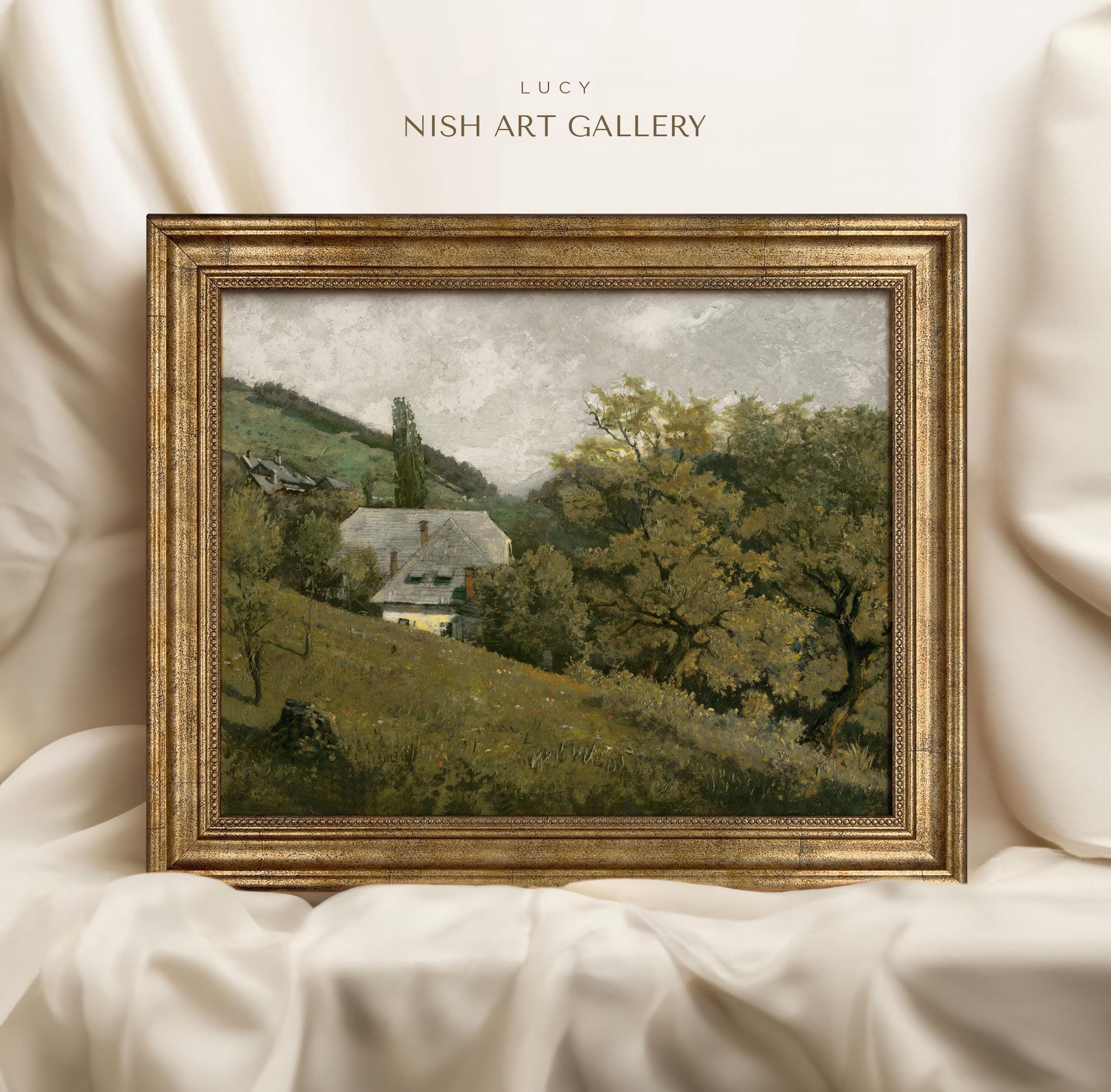 Framed Vintage Countryside Art Print: Peaceful Cottage Landscape 